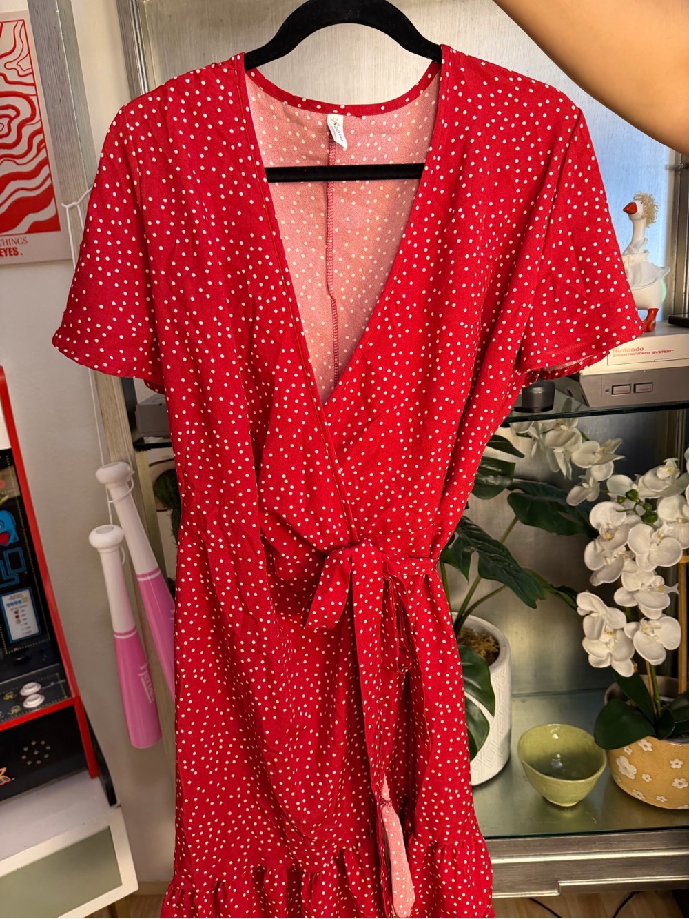 Red and white polkadot wrap dress